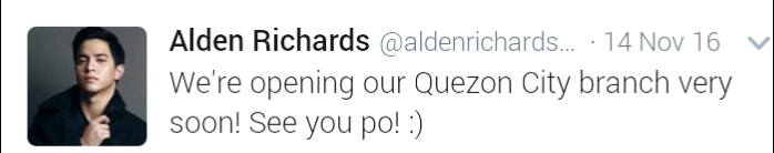 KateisheM's tweet photo. #ALDUBBabySoon
Tweet update from Alden Richards
We're opening our Quezon City branch very soon! See you po! :) https://t.co/bEmaMGy8sO
