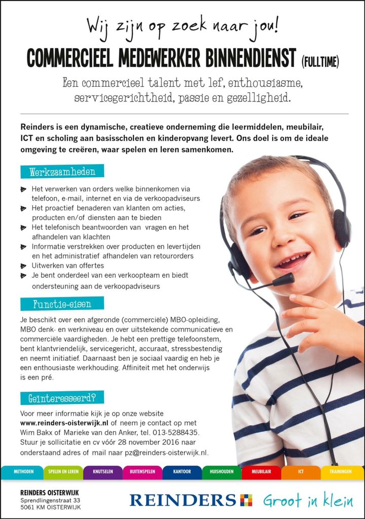 Reinders_Tweets's tweet image. Reinders op zoek naar een leuke collega!