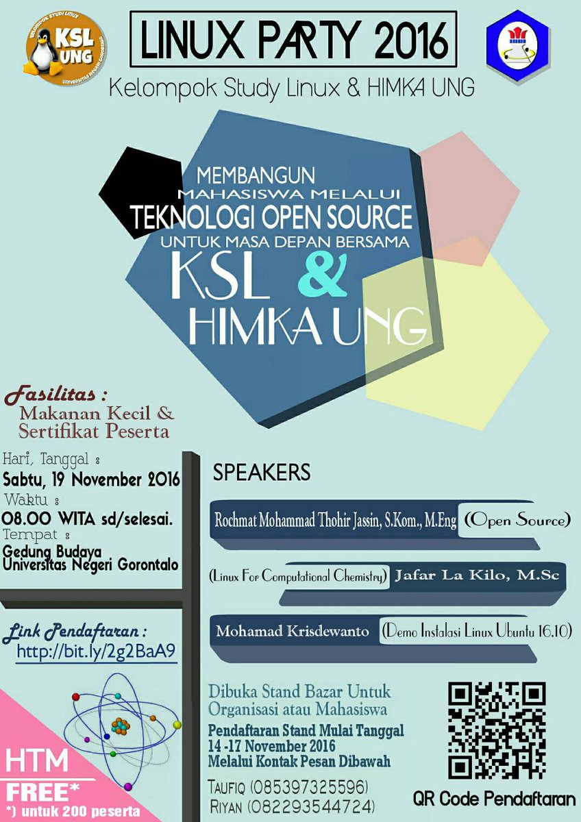 Let's join us Seminar Terbuka &amp; LINUX PARTY
bersama KSL &amp; HIMKA UNG. Untuk info lebih lanjut bisa Hub. kontak person yg tertera.Terima Kasih