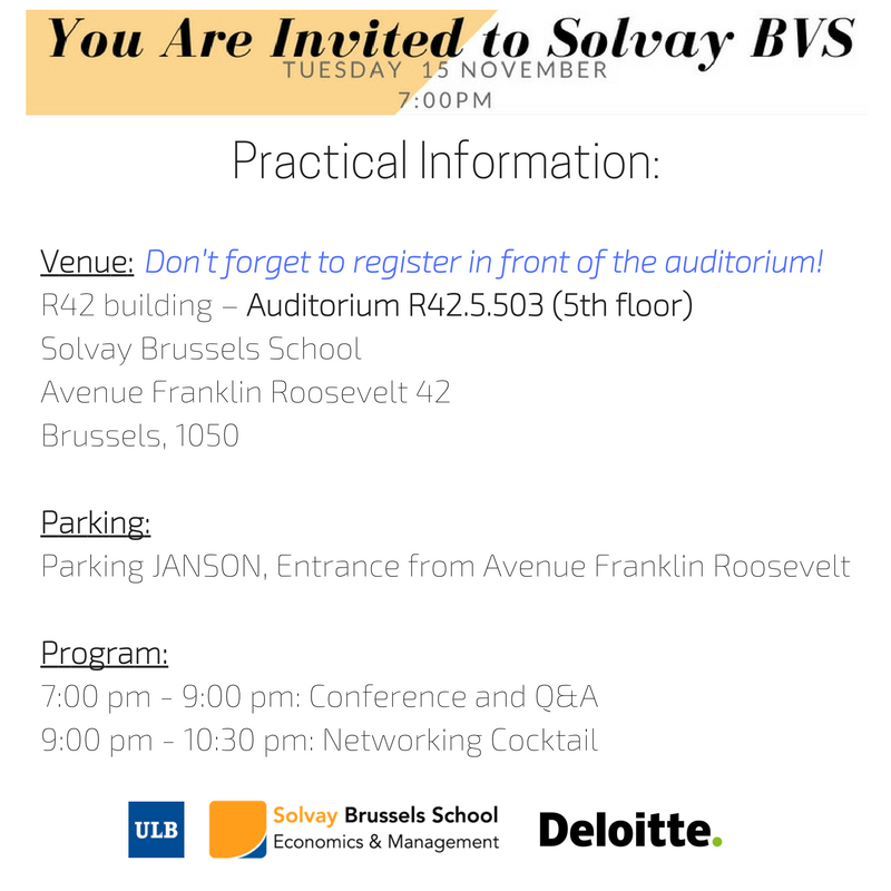 SolvayEDU's tweet photo. Solvay BVS: it's tomorrow ! See you at 7pm in front of the auditorium of the R42! #solvaybvs #solvayedu @DeloitteBelgium https://t.co/XGjCGbjBEa
