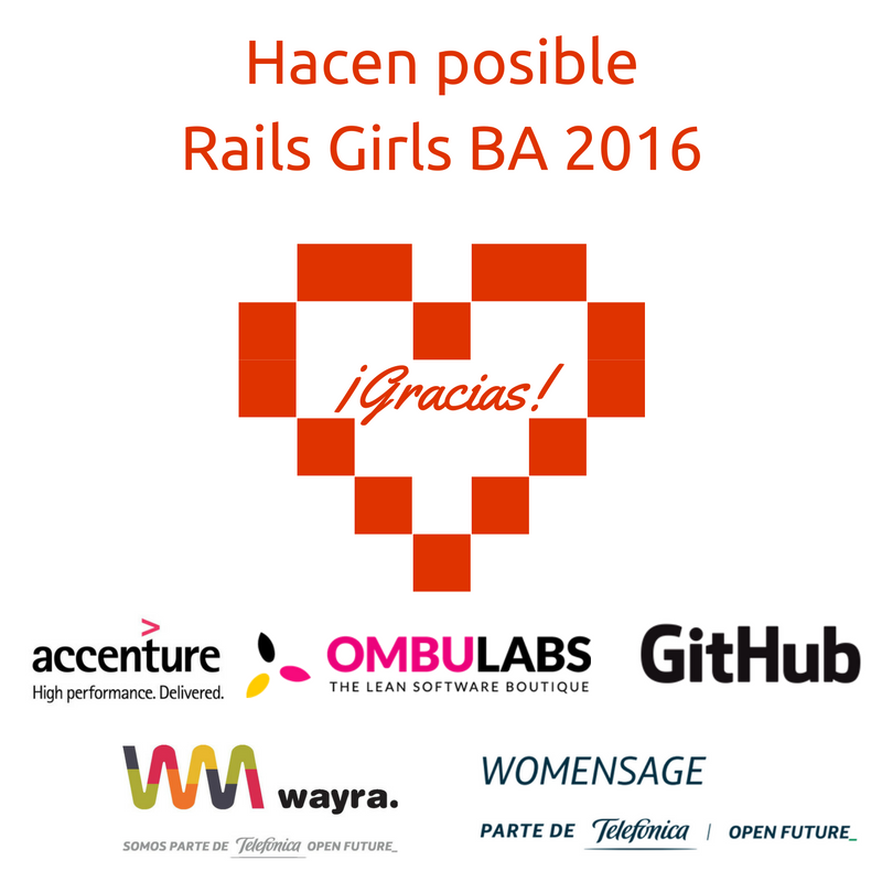 railsgirlsAR's tweet photo. Gracias @Accenture_AR @OmbuLabs  @github @WayraAr y #WomensAge de #Telefonica @OpenFuture_ por la colaboración! #RailsGirlsBA https://t.co/9atYJKMv3y