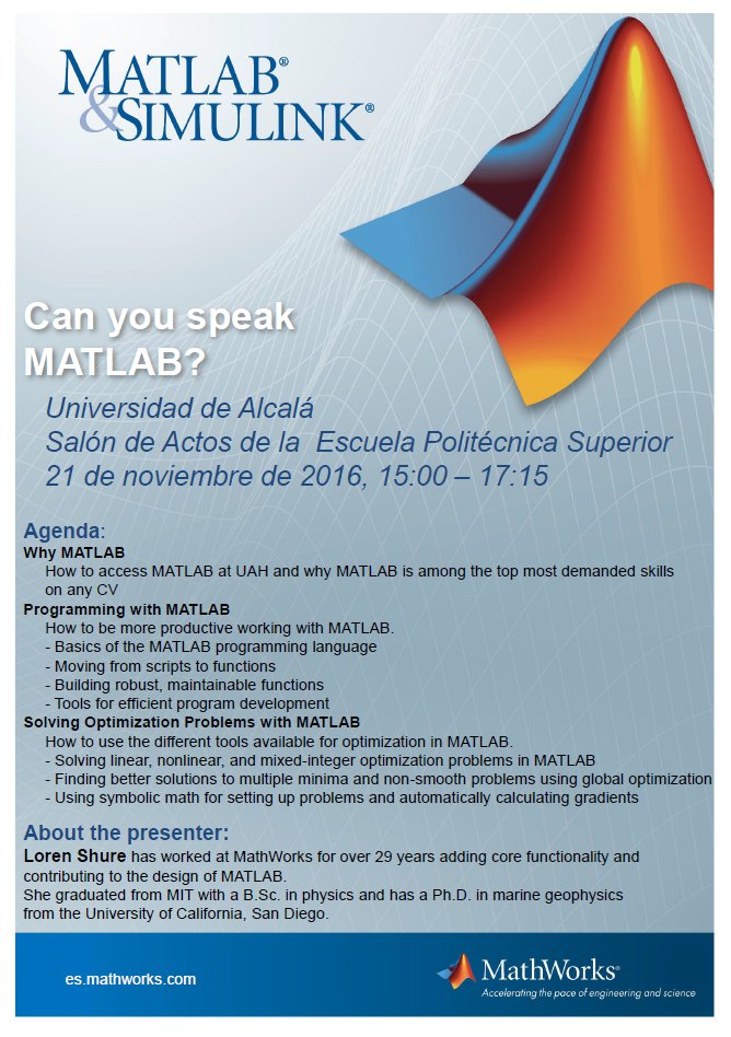 UAHes's tweet image. Loren Shura @ilovepuzzles, presente en @BigDataSpain y primera desarrolladora de @MATLAB, estará el día 21 en la #UAH ¡Te esperamos! #Matlab