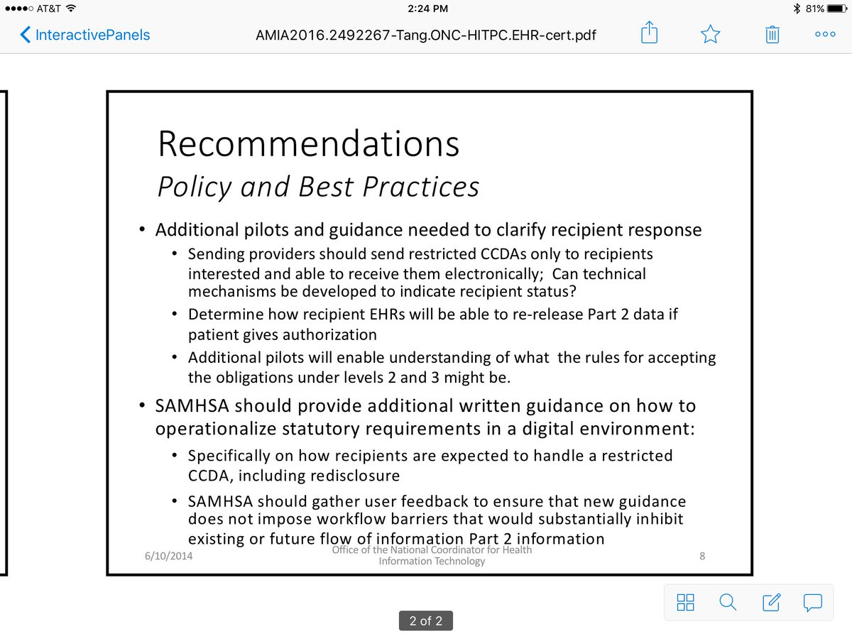 HITshrink's tweet photo. @paulctang: Recommendations of #HITPC re voluntary #EHR certification for #behavioralhealth data. #AMIA2016 https://t.co/EsInuTeSUM
