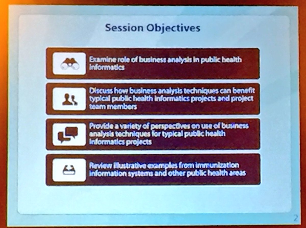DaniRizzato's tweet image. Objectives of #PublicHealthInformatics panel on Business Analysis #AMIA2016 #infomedHIBA