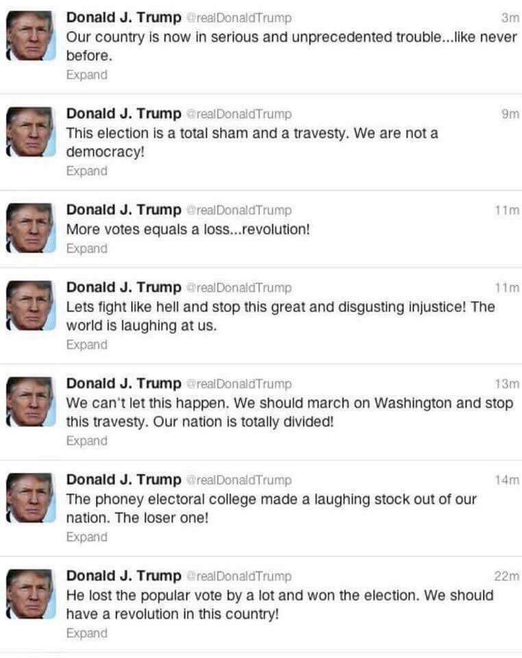 VABVOX's tweet photo. If Trump had won popular vote &amp; Clinton #ElectoralCollege, Trump would be on every network demanding the presidency. https://t.co/H6eTCWEn58