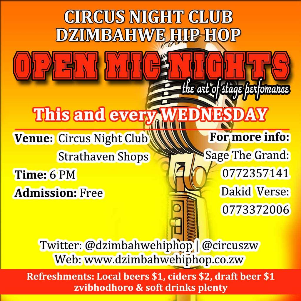 Dzimbahwe Hip Hop (@dzimbahwehiphop) on Twitter photo With <a href="/circuszw/">Circus Night Club</a> we give you #OpenMicNight every Wednesday. Come let's have fun together. <a href="/kaygee40zw/">40 music</a> <a href="/Zimtweets/">All Things Zim 🇿🇼</a> <a href="/Brythreesixty/">Brythreesixty.btc</a> <a href="/briss_mbada/">#I Wish</a> With <a href="/circuszw/">Circus Night Club</a> we give you #OpenMicNight every Wednesday. Come let's have fun together. <a href="/kaygee40zw/">40 music</a> <a href="/Zimtweets/">All Things Zim 🇿🇼</a> <a href="/Brythreesixty/">Brythreesixty.btc</a> <a href="/briss_mbada/">#I Wish</a>