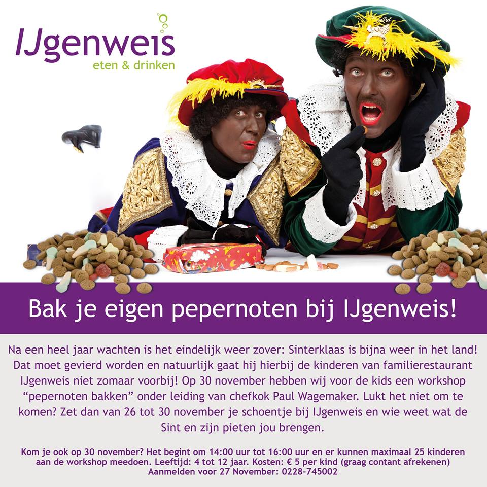 Sinterklaas &amp; zijn Pieten zijn weer in het land! Zin in zelfgebakken pepernoten? Kom dan 30 november met de kids naar <a href="/IJgenweisStreek/">IJgenweisStreekbos</a>