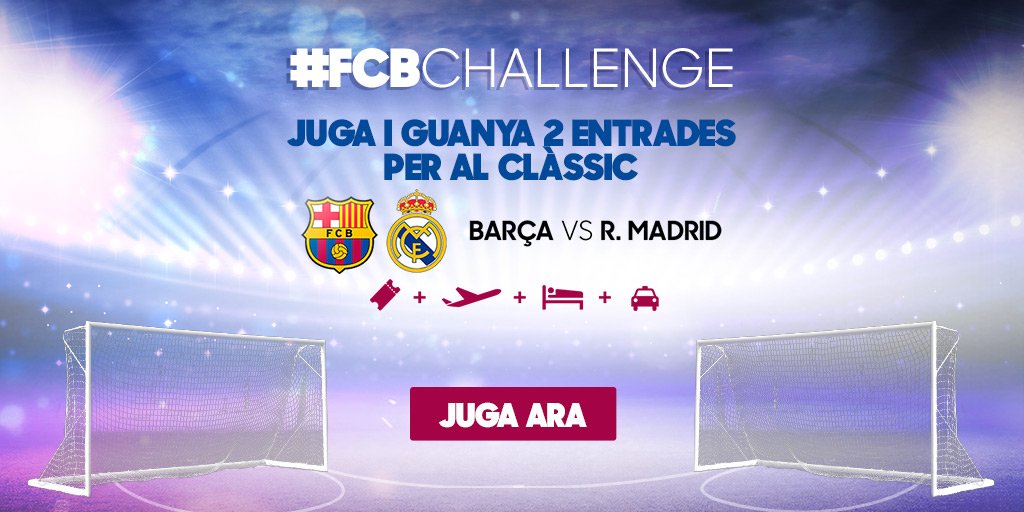 FCBarcelona_cat's tweet photo. Viu l'emoció del Clàssic. Juga al #FCBchallenge i entra al sorteig de 2 entrades. Comença a jugar! https://t.co/9vm2fxOPR0 https://t.co/vy4hnHKsnY