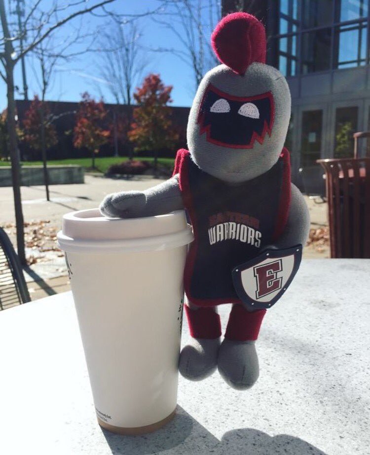 easternctalumni's tweet photo. Happy Monday!! Willi the Warrior needed a large coffee this morning! How many cups of coffee have you had today? #MyEastern #WheresWilli https://t.co/kC3hNjISsx
