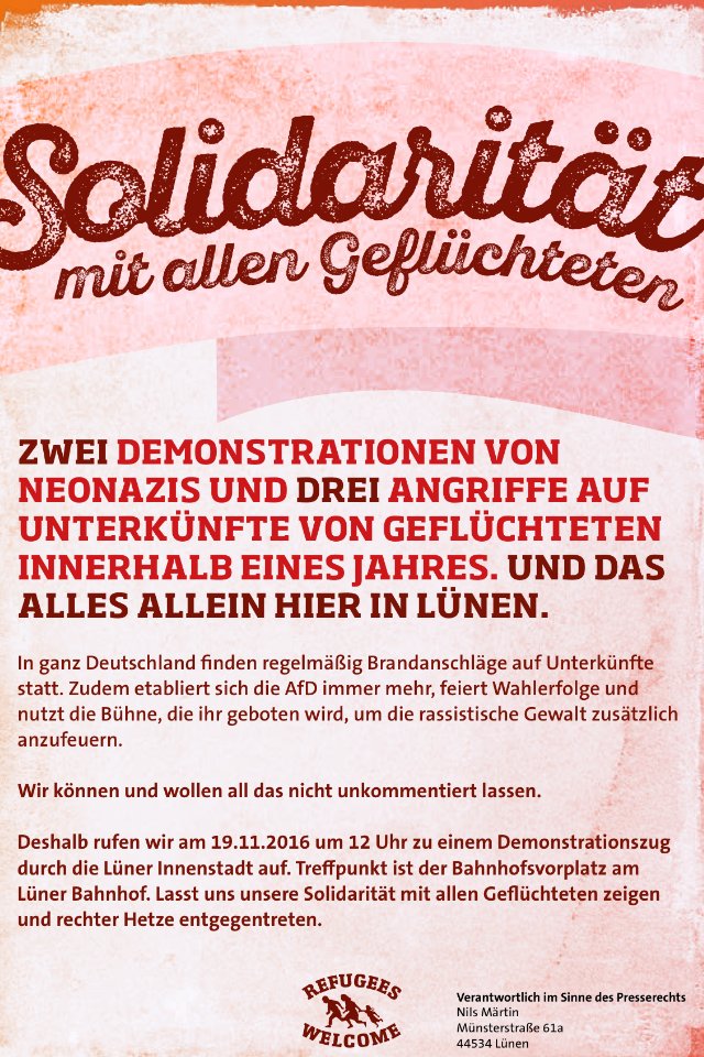 AutonomeAFALuen's tweet photo. Kommt alle vorbei und lasst uns gemeinsam für Solidartität mit allen Geflüchteten und gegen den Rechtsruck Demonstrieren! #refugeeswelcome https://t.co/BMff3UuGde
