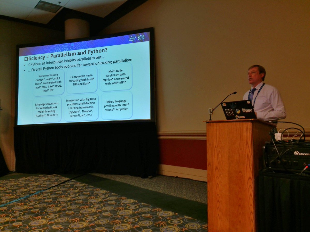 PythonHPC's tweet image. Intel builds a #Python distribution targeting at efficiency and parallelism based many existing tools. Sergey Maidanov at #PyHPC #SC16