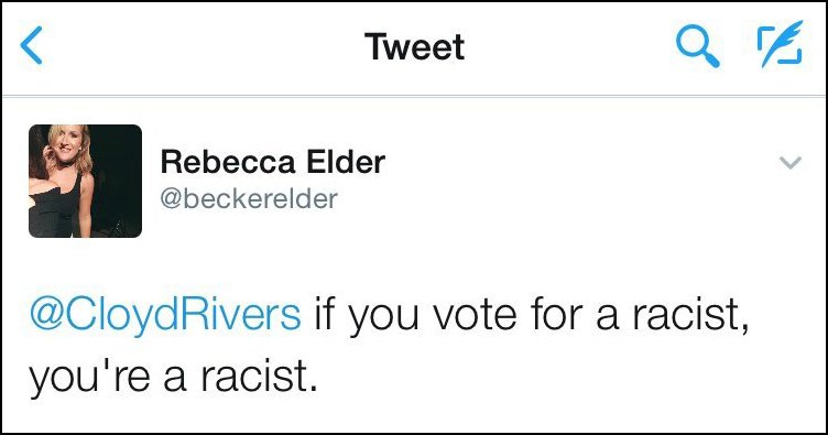 CloydRivers's tweet photo. So by your logic, if you vote for a liar and a murderer, you're a liar and a murderer. Right? Seems legit. https://t.co/9ycU1vxQAJ