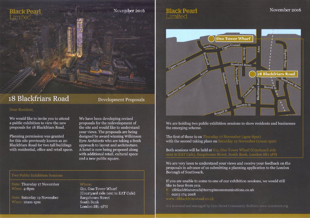 Public exhibition on 18 Blackfriars Road proposals on Thu 17 and Sat 19 November at <a href="/OxoTowerWharf/">Oxo Tower Wharf</a> #SE1 #Southwark #development