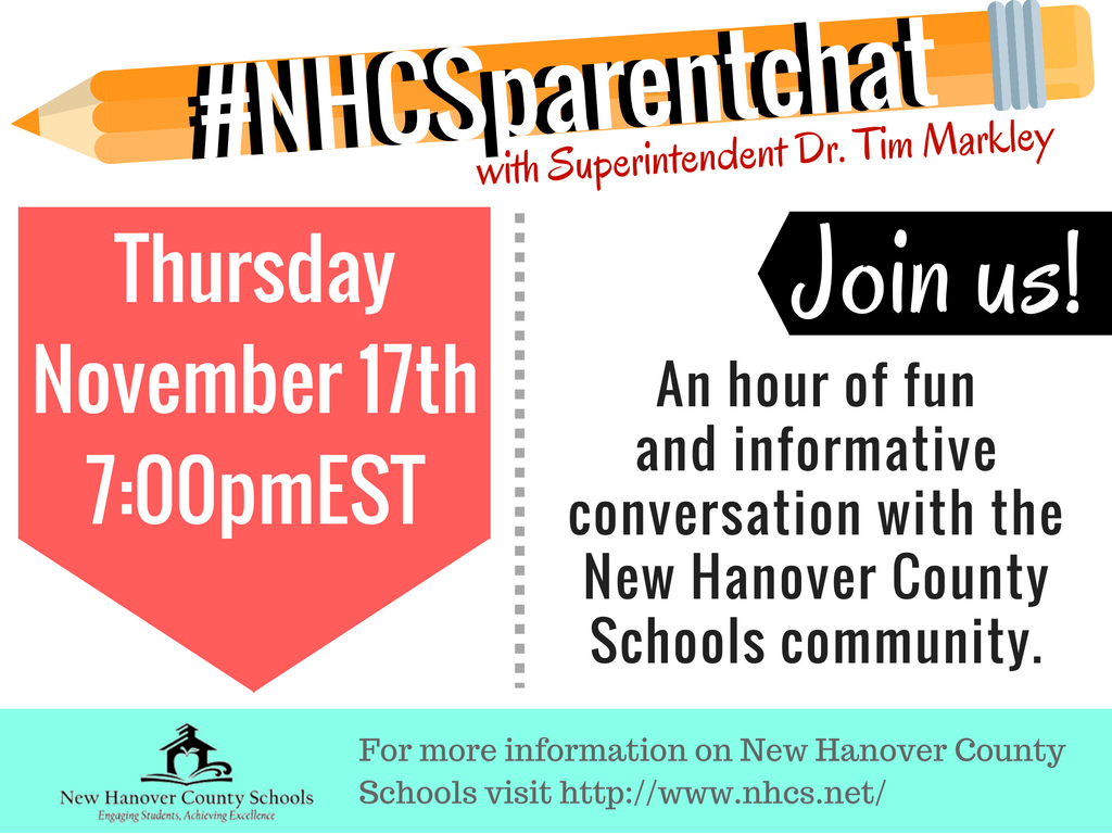 tsmarkley's tweet photo. Join me tomorrow @ 7 PM for #NHCSParentChat. We will review the 2017-18 enrollment season &amp; discuss the CTE High School. https://t.co/9EM34WzCsG