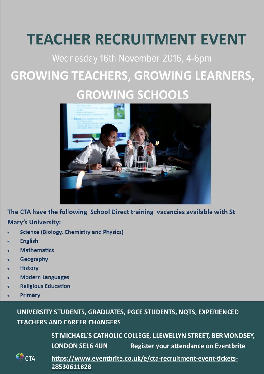 CatholicTA's tweet photo. @YourStMarys In your final year? Interested in teaching? Find out more at the CTA Recruitment Event 16.11.16 https://t.co/FvSN9dQHOG https://t.co/ASzHL6BXi4