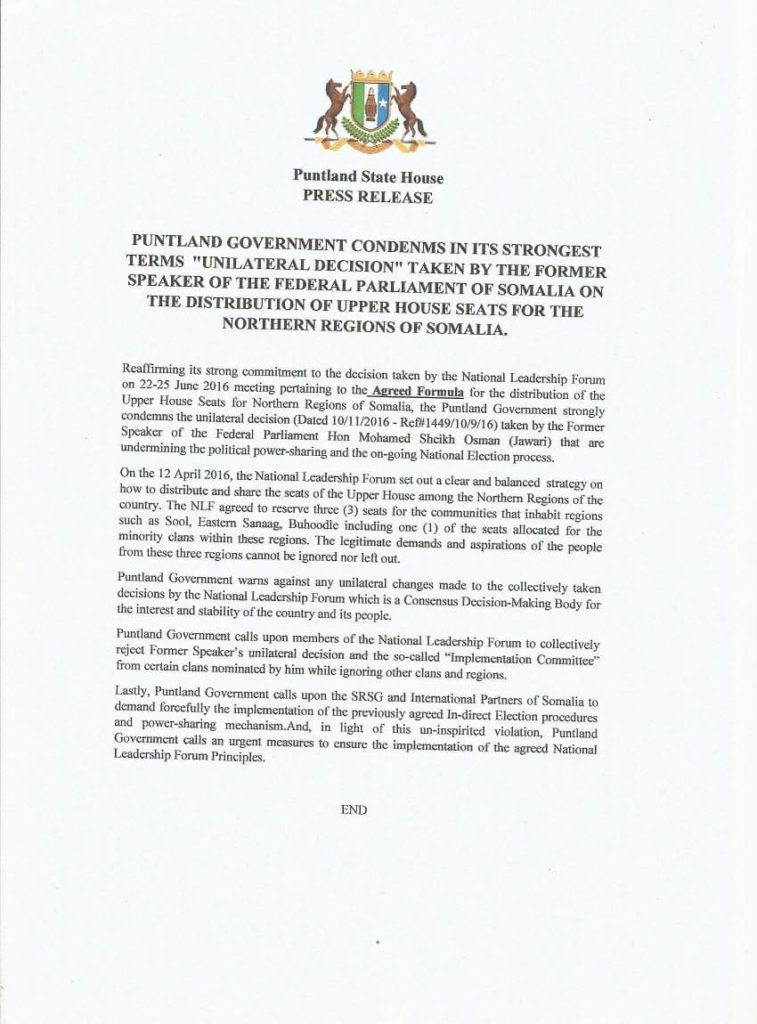 #Puntland  condemns Former #Somalia Speaker Jawari’s Flagrant unilateral decision on Northern Region’s Upper House Seats Distribution