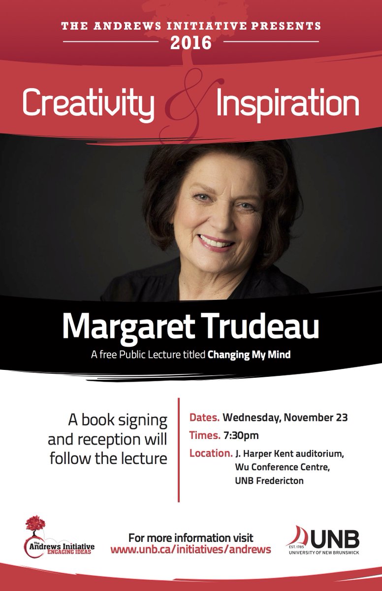 We're thrilled to welcome <a href="/MargaretTrudeau/">Margaret Trudeau</a> to <a href="/UNBFredericton/">UNB Fredericton</a>. Join us  Wed, Nov 23 for "Changing My Mind" Details unb.ca/initiatives/an…