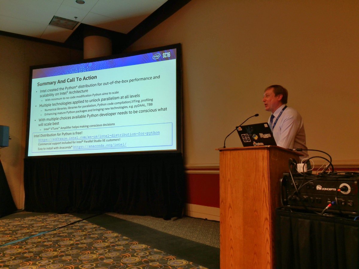 PythonHPC's tweet image. The @Intel #Python distribution is free! Easy to install with #Anaconda: anaconda.org/intel/ Sergey Maidanov at #PyHPC #SC16