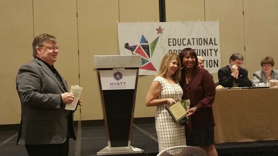 EdOpAssoc's tweet photo. With Roxanne Gregg, Congratulations Cindy Virta on your award from the EOA Best Practices Center! #TRIOWORKS #IowaProud #eoa2016 https://t.co/bVg7d3Rkrc