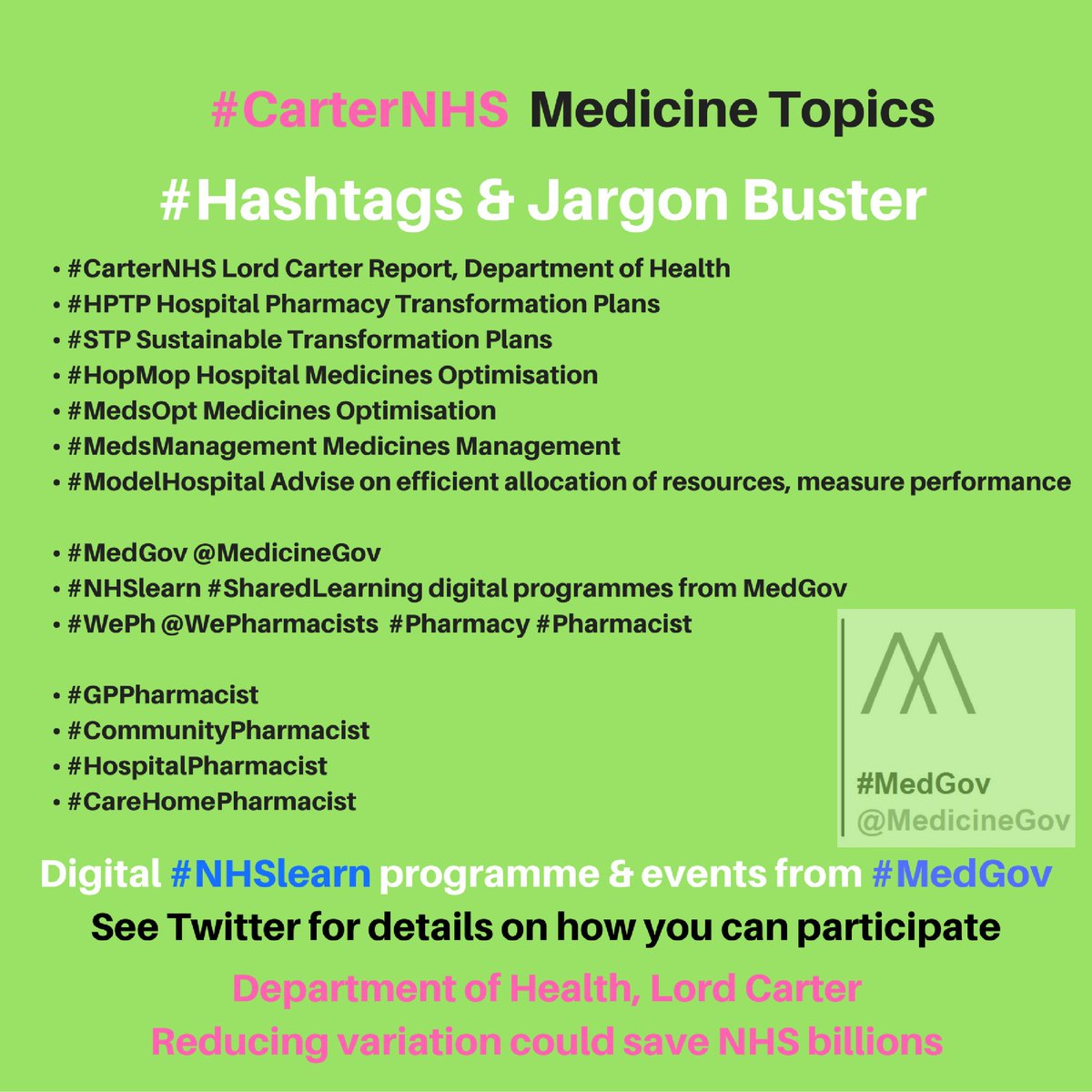 CancerEquity's tweet photo. Get involved in @MedicineGov' digital events
#CarterNHS #MedCarter #MedGov #NHS #WePh #PharmacyHour #Pharma #Pharmacy #Pharmacist https://t.co/E23fGGLteH