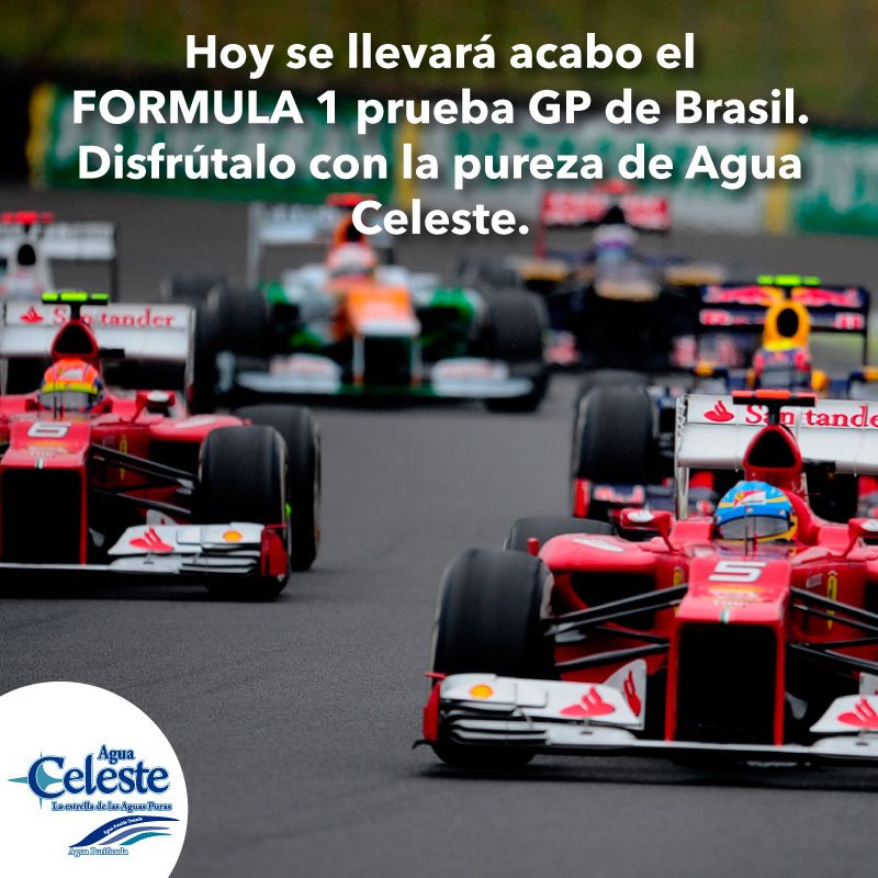 AguaPuraCeleste's tweet photo. Hoy se llevará acabo el #FORMULA1 prueba. #GPdeBrasil . Disfrútalo con la #pureza de #AguaCeleste . #Ozonizada #Filtrada #MicroFiltrada https://t.co/tCwxdIgW7g