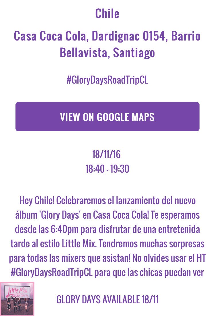 LittleMixCHI's tweet photo. Recuerden! Glory Days Road Trip en Casa Coca Cola este viernes 18
¡No falten! 💕 #GloryDaysRoadTripCL https://t.co/5z2ZsoyKxl