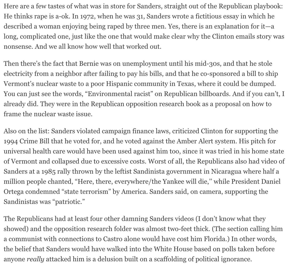 Why Sanders wouldn't have won: the GOP had a mountain of nasty and absolutely true oppo research on him. newsweek.com/myths-cost-dem…