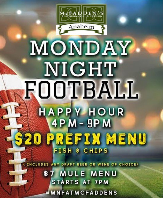 McFaddens_OC's tweet photo. #MNF tonight with @Giants vs @Bengals! 7 more weeks of football left. #prefixmenu #irish #anaheim #disney #NFL #foodie #convention #vacation https://t.co/dndYqmpCbv