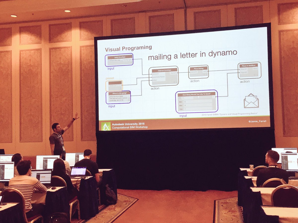 KCMarchitect's tweet image. Starting off with his famous &quot;Mailing a Letter&quot; explanation @Jamie_Farrell @DynamoBIM #AU2016 #computationalBIM workshop
