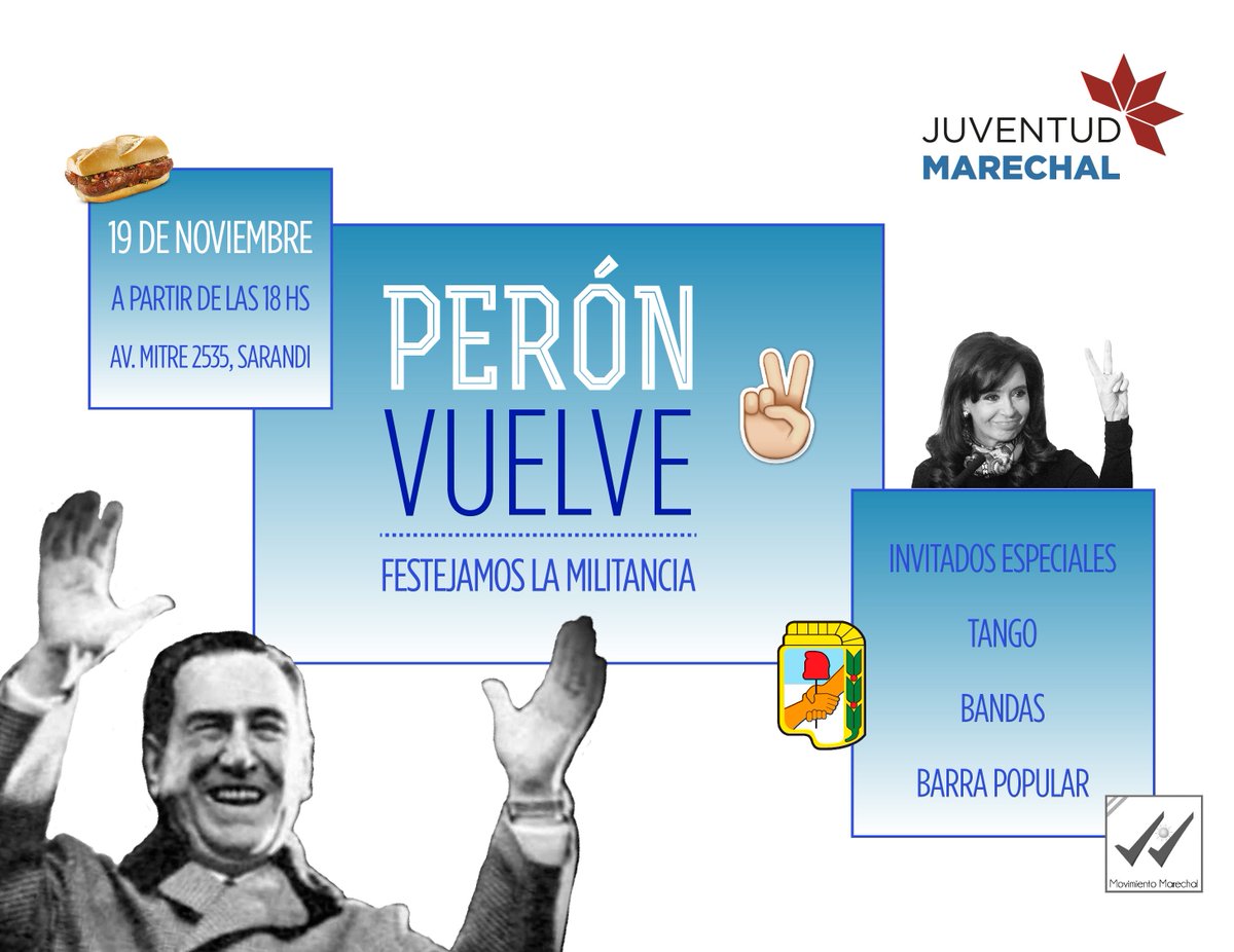 Juv_Marechal's tweet photo. Este Sábado 19/11, desde las 19hs, en Av. Mitre 2535 Festejamos la militancia con invitados especiales, tango, bandas y barra popular.Venite https://t.co/v8NkVsuxvs