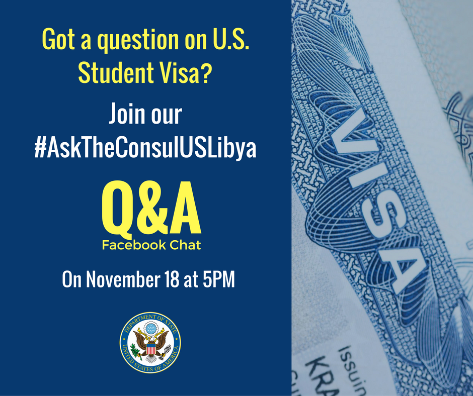 إنضم إلى حوار مع القنصل على الفايسبوك يوم 18 نوفمبر الساعة 5 مساءا. بمناسبة #IEW2016 سوف يقوم القنصل بلإجابة على أسئلتك #AskTheConsulUSLibya