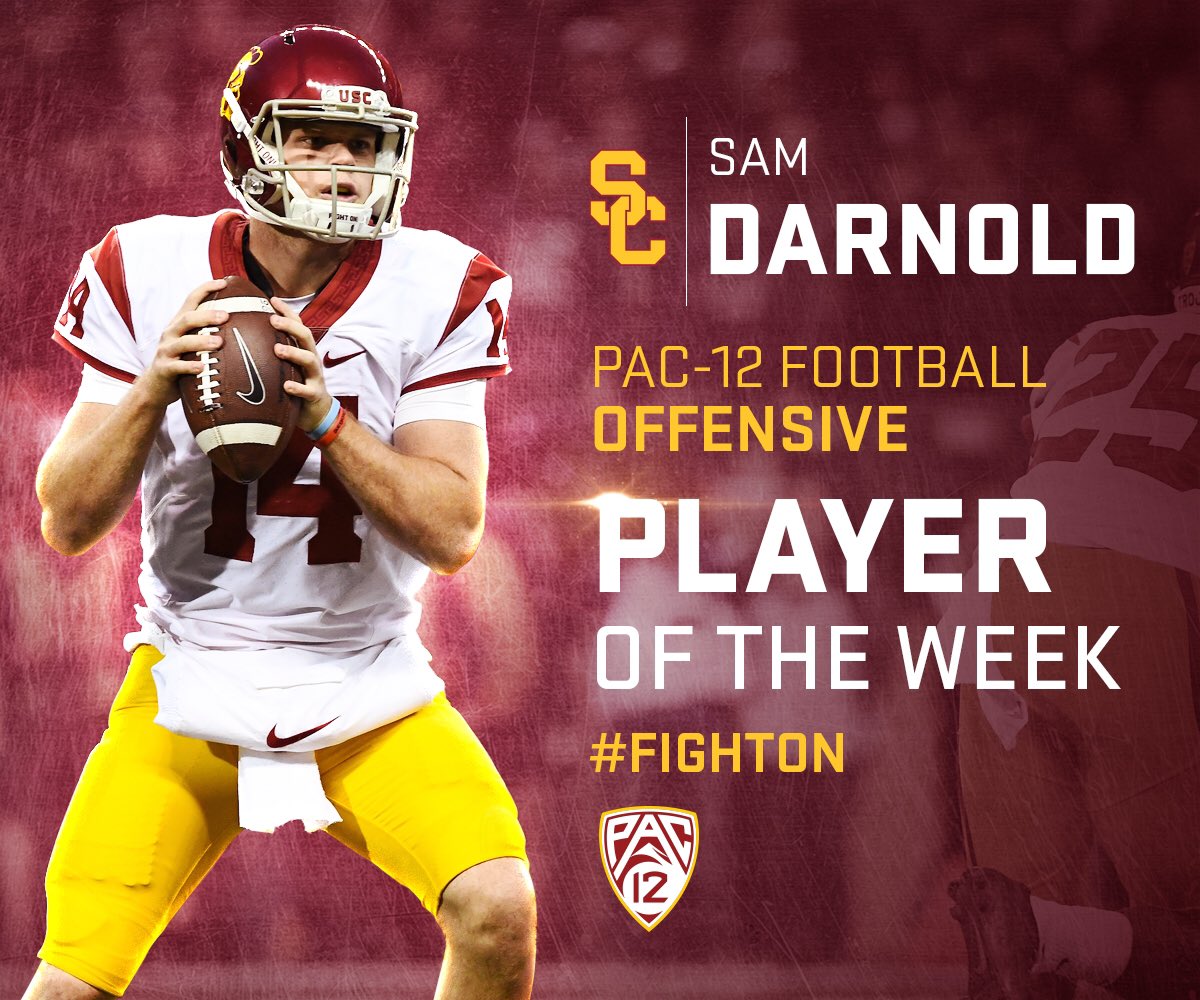 USC_Athletics's tweet image. Congratulations to USC QB Sam Darnold on being named the @pac12 Offensive Player of the Week for the first time in his career! #FightOn