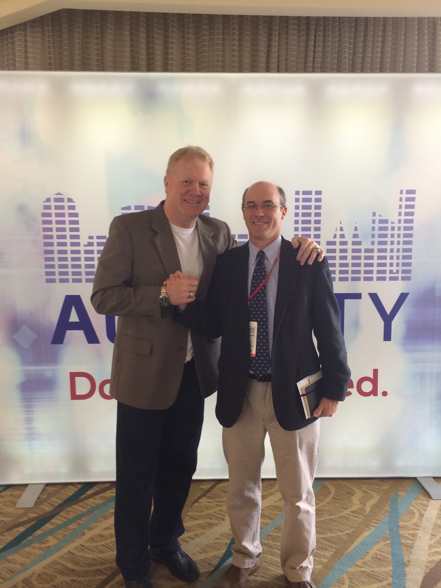 HearingReview's tweet photo. Two Minnesota Karls. Sat with former Bronco and Golden Gopher Karl Mecklenburg before he gave the keynote at #AuDacity2016. Terrific guy. https://t.co/WsCceU1RSR