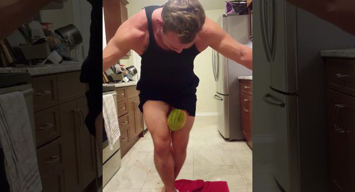 Mashable on X: Big swole guy crushes watermelon between legs for fun, I  guess   / X