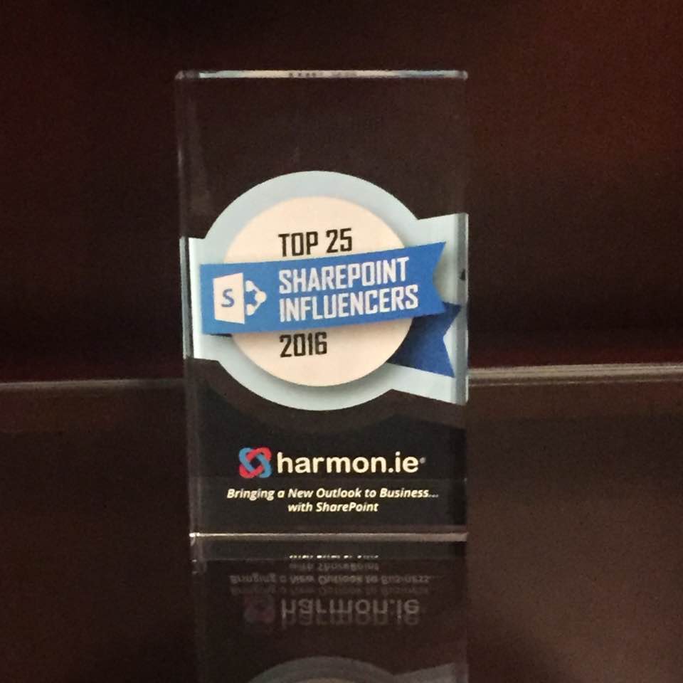 SharePointWendy's tweet photo. Received my Top 25 #SharePoint Influencers award the other day! Thanks @Teamharmonie! https://t.co/vJi42x0xvB