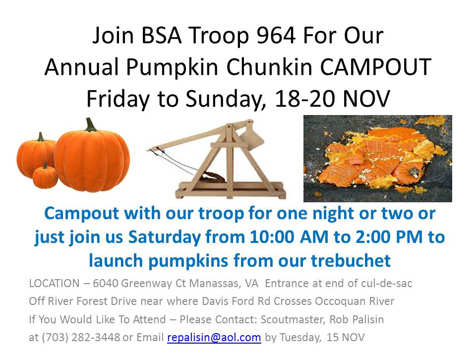 CubScoutPack964's tweet image. Attention #WeBeLoS! Satisfy your #AoL #ScoutingAdventure #R4 this Nov.18-20 #Troop964 #PumkinChunkin #NoVA #NCAC #OccoquanDistrict
