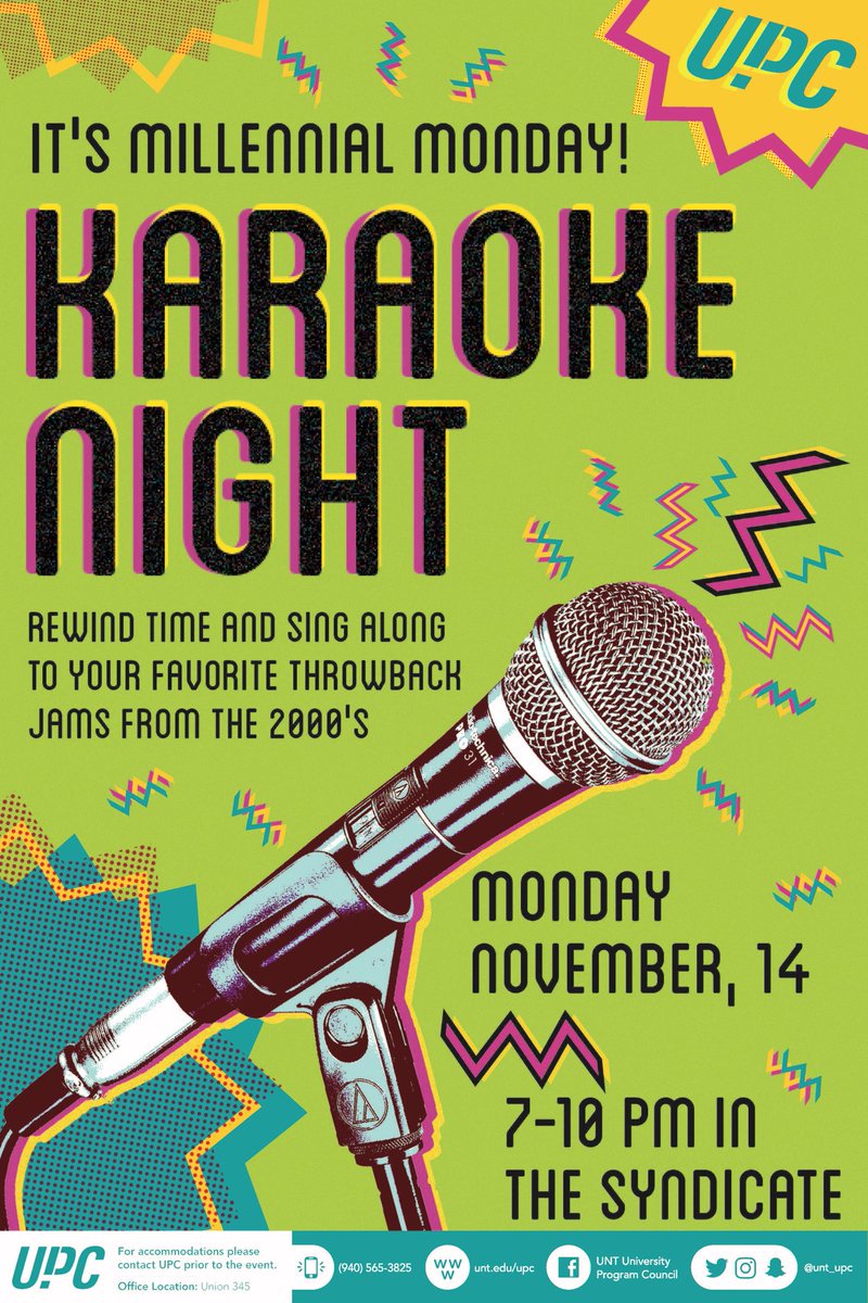 UNTsocial's tweet photo. It’s #MillennialMonday Karaoke Night at #UNT! Head to the
@UNT_Union Syndicate at 7pm for your favorite 2000’s songs from @UNT_UPC. https://t.co/YXHKikrUa2