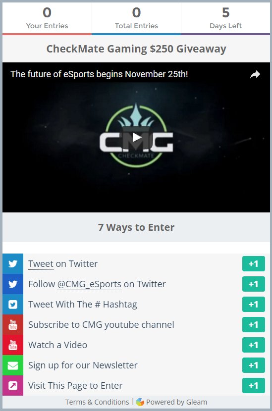 CMG_Esports's tweet image. ATTENTION GAMERS: 
CheckMate Gaming is giving away $250!
Get in on the action now &amp;gt;&amp;gt;&amp;gt;  gleam.io/cRcBz/checkmat…
#Giveaway #CheckMateGaming