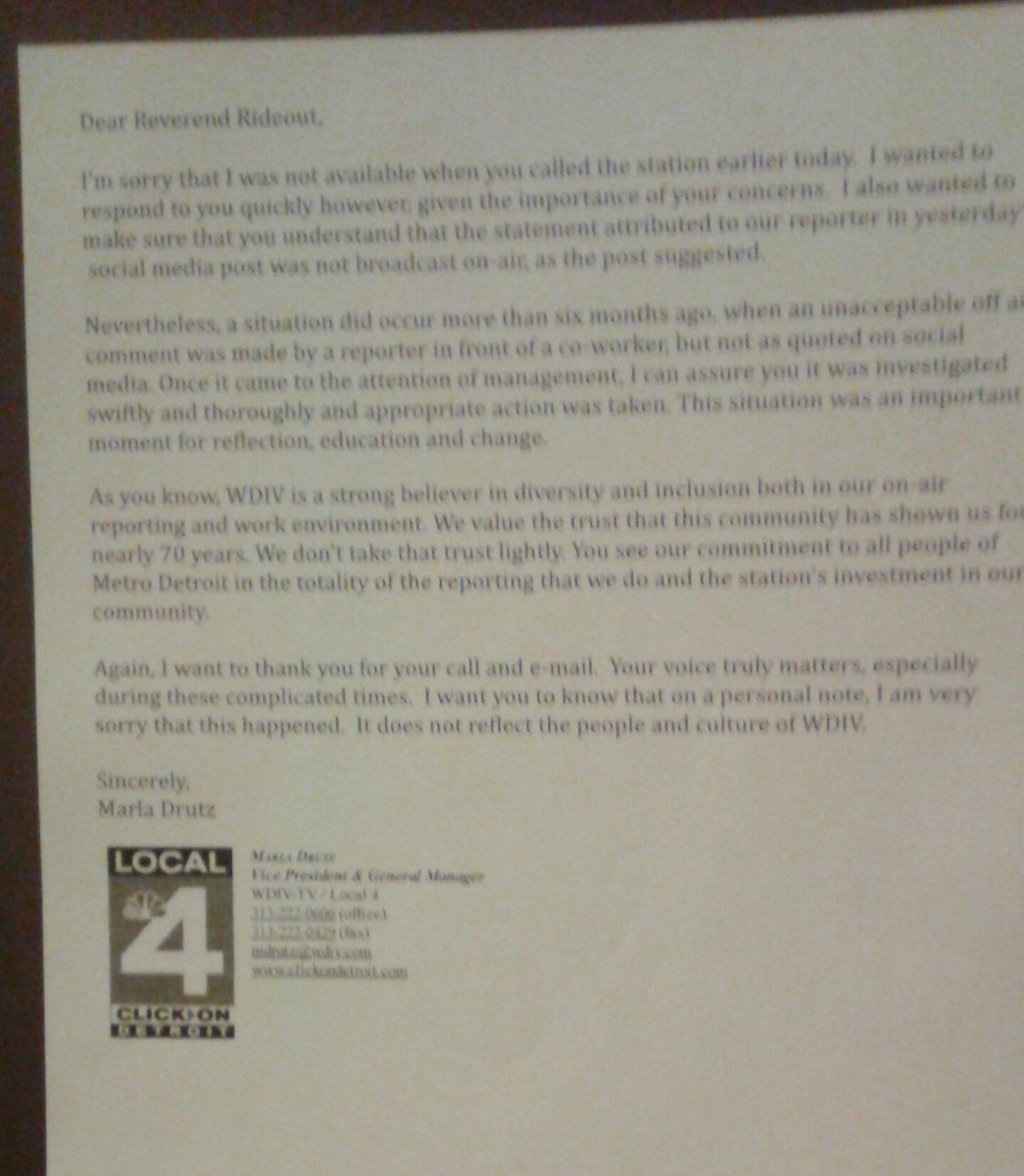 samriddle's tweet photo. #unacceptablecomment WDIV email today basis 4press conf tomorrow station took what they regard as #appropriateaction #Detroit #Nword https://t.co/zm9jXV9A7Z