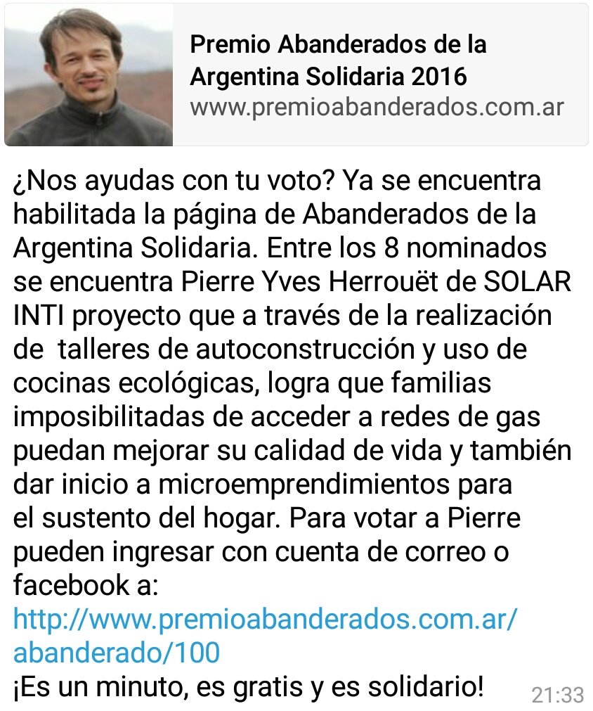 MairaSjuaRez's tweet photo. #Abanderados2016 Tuve la oportunidad de ver el trabajo de #PierreYvesHerrouët #SolarInti y merece tu voto https://t.co/5YqYojURz7 https://t.co/cmMDnzjm8H