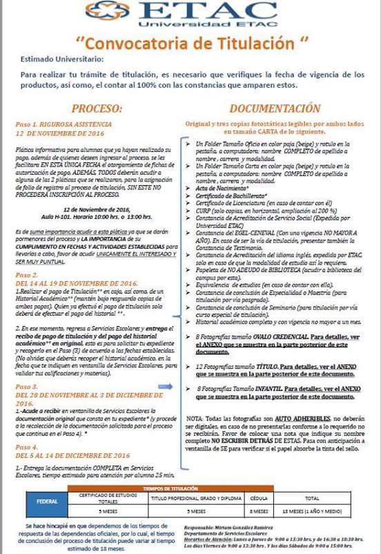 ETAC_Chalco's tweet image. AVISO IMPORTANTE:

Te presentamos las convocatorias de titulación y de grado noviembre 2016. Mayor información al 30676600 ext. 4008