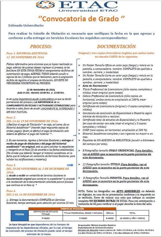 ETAC_Chalco's tweet image. AVISO IMPORTANTE:

Te presentamos las convocatorias de titulación y de grado noviembre 2016. Mayor información al 30676600 ext. 4008