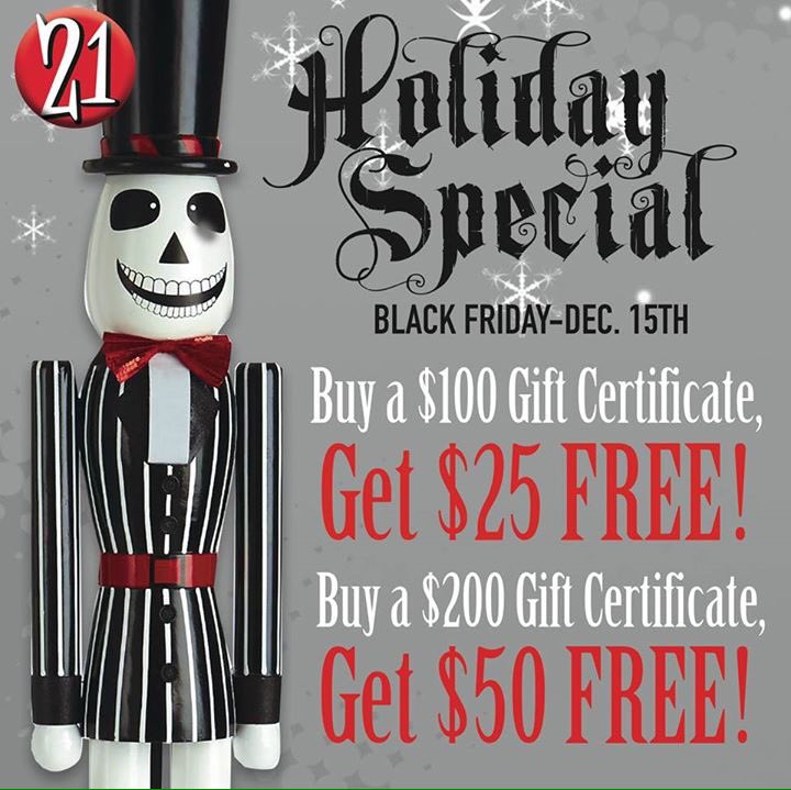 Starting 11/25, for every $100 you spend on gift certificates, we'll be giving you $25 for FREE! Call (702)248-8762 for more info.