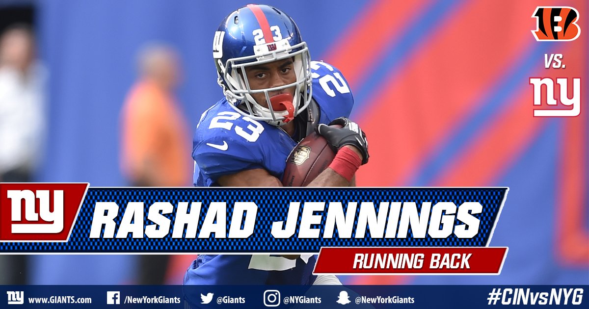 Giants's tweet photo. RASHAD! A big hole up the middle for a gain of 25 yards and a first down! Eli Manning kneel down time! #CINvsNYG https://t.co/UZyOv45685