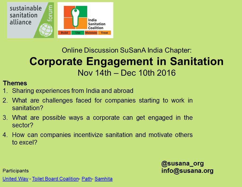 Share your experience with "Corporate Engagement in Sanitation" discussion now <a href="/indsancoalition/">Sanitation Coalition</a> #sanitation bit.ly/2eVWxkE