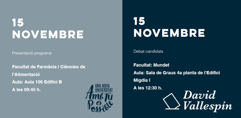 david_vallespin's tweet photo. Avui, presentació a @Farmacia_UB a les 9:45 i després, debat dels candidats a Mundet (12:30h). #ambtuéspossible #EleccionsUB16 https://t.co/SLxnJ0KY7T