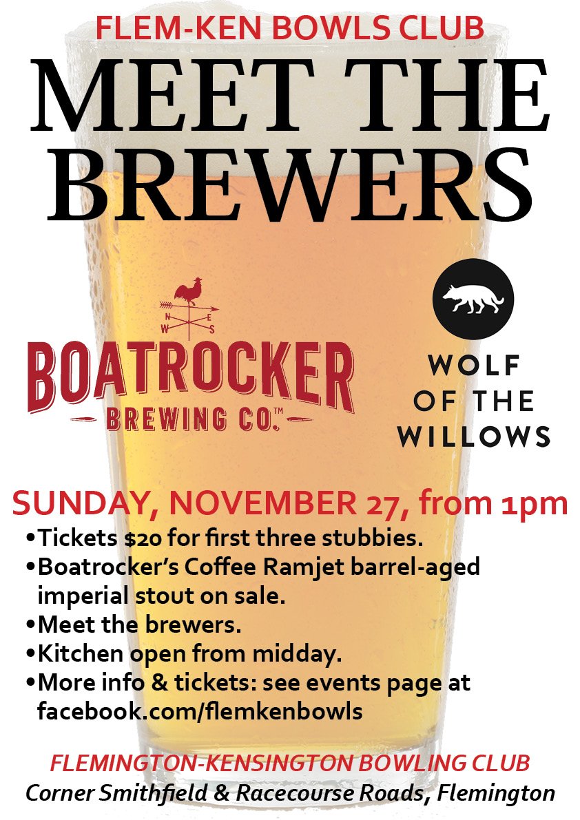 Come and chat to the guys from <a href="/wolfofthewillow/">Wolf of the Willows</a> and <a href="/boatrockerbrew/">Boatrocker Brewery</a>.Three stubbies $20, free bowls, kitchen from 12. facebook.com/events/6488744…