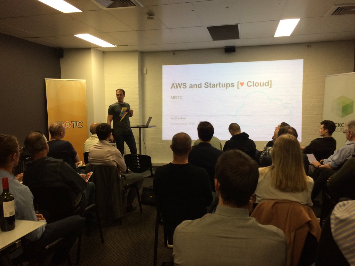 Think_Bitcoin's tweet photo. Ian Gardiner from AWS presenting how to funding for startups - @blockchainmelb blockchainmelb @mbtcenter @alantsen @BlockchainAUS https://t.co/UncvKrYBJB
