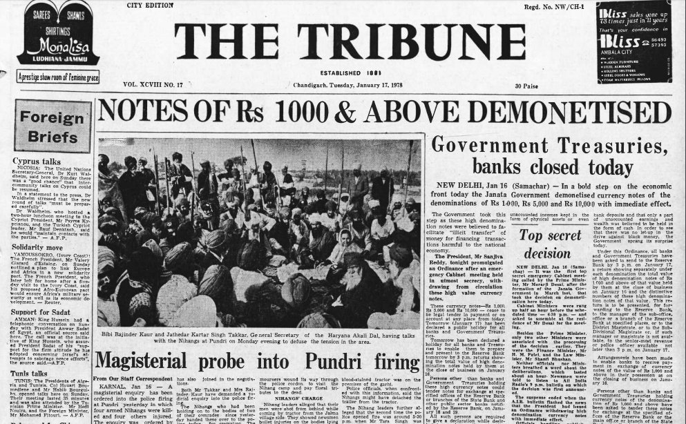 17th Jan. 1978:: The Tribune headline on the demonetisation of the currency notes of the 1000/-, 5000/- & 10,000/-. #BlackMoneyBan