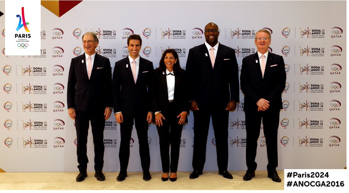 Paris2024's tweet photo. Jour J à Doha pour #Paris2024. Derrière nos 5 intervenants il y aura des millions de supporters Envoyez votre tweet #anoc #anocga2016 https://t.co/6ysOX8isBu